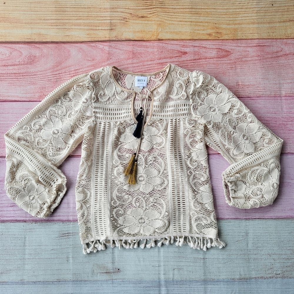 Misa Cream Long Sleeve Split V-Neck Sheer Crochet Lace Tassel Boho Blouse S